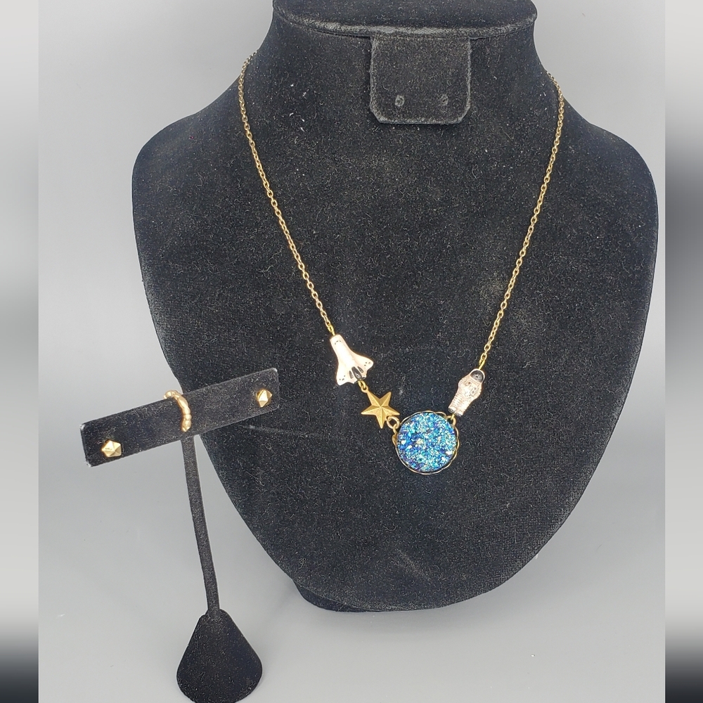 Space Ship Astronaut Nasa Necklace, Earring And Ear Cuff Set, 3pc Set
